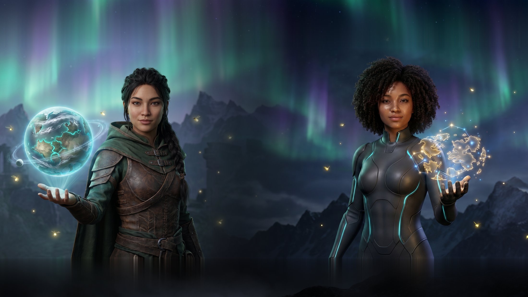 Two Game Masters, two genres — a fantasy world-dreamer and a sci-fi world-dreamer, each holding a world of their own over an aurora night