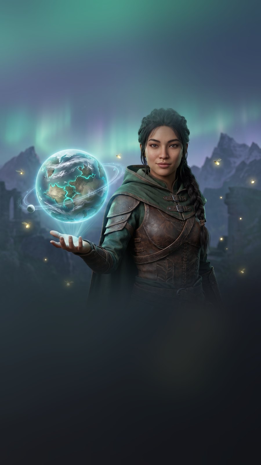 A Game Master holding a world she dreamed, beneath the aurora